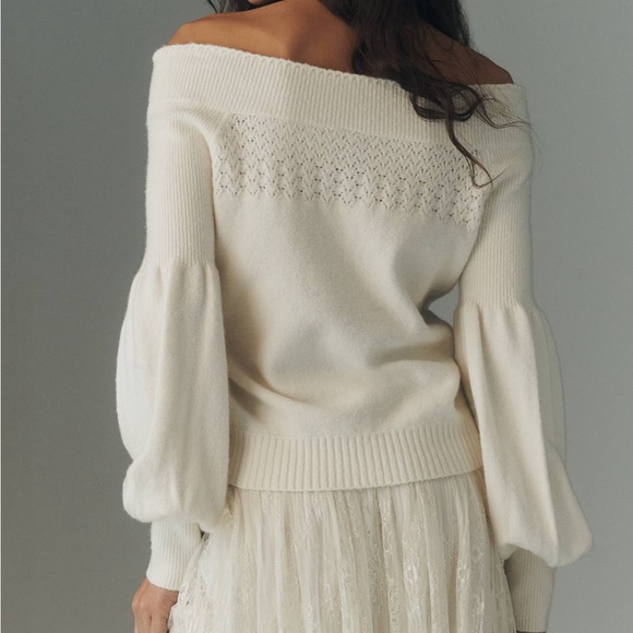 Anthropologie Women’s Ivory Wool Off-Shoulder Ruffle-Edge Sweater Size M - Picture 3 of 16